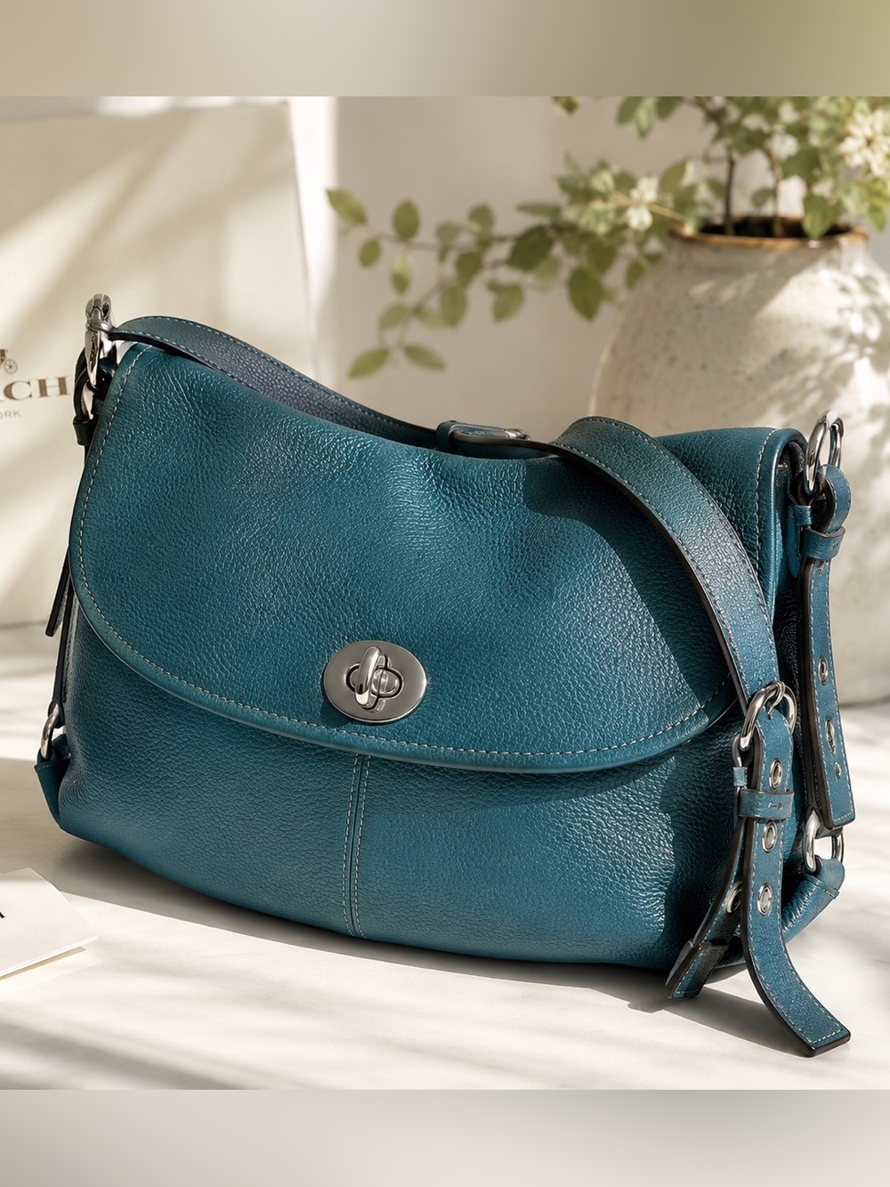 Coach Legacy Pebbled Leather Turnlock Flap Crossbody Hobo Bag Teal